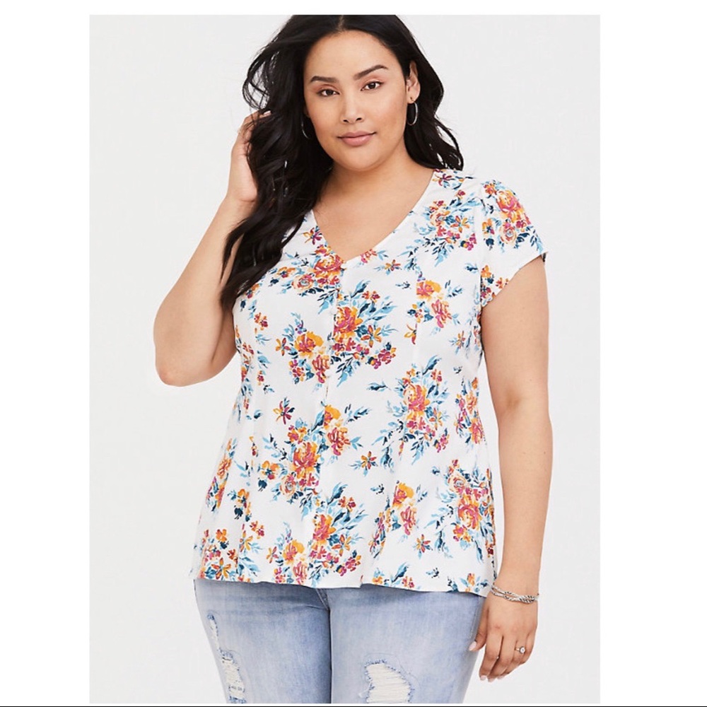 White Floral Stretch Challis Top